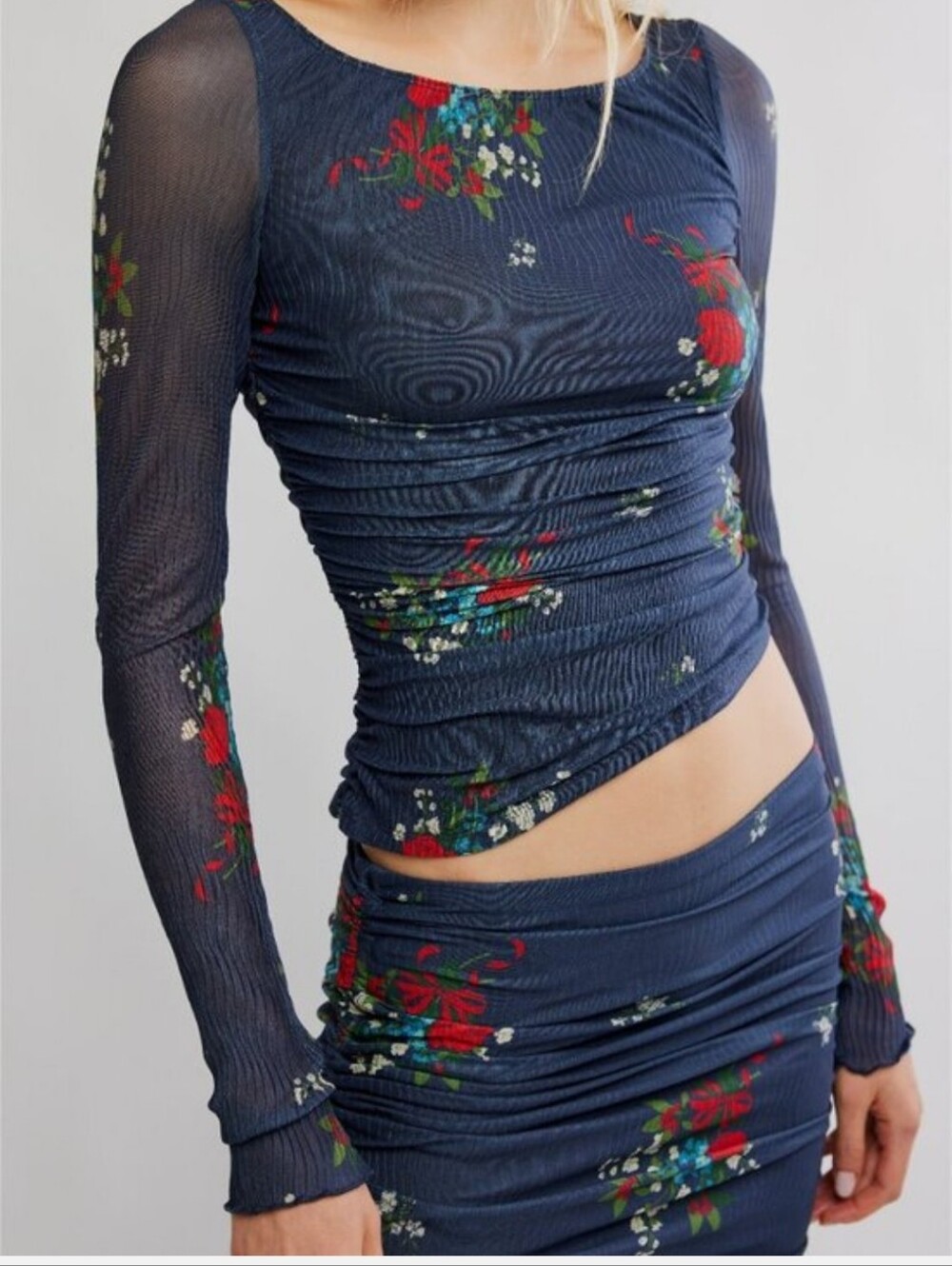 Free People Crimson Nights Set Navy Floral Ruched Midi Skirt And Top NEW - Picture 4 of 6